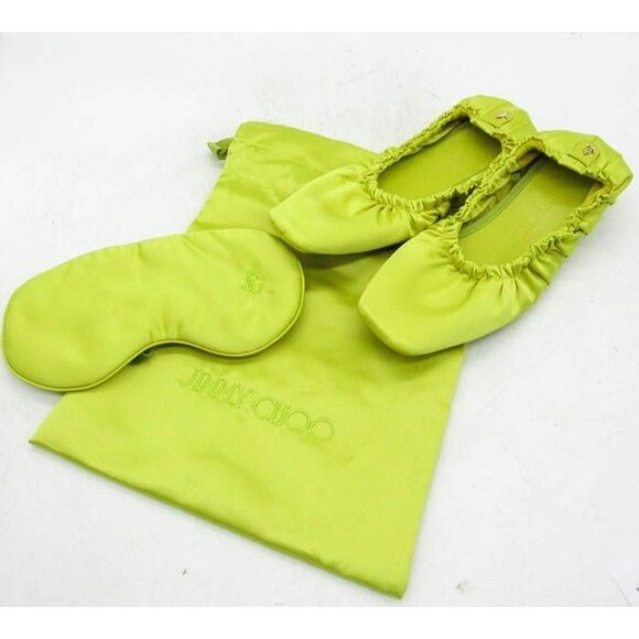 Jimmy Choo Bardo Flat Satin Slippers w Silk Eye Mask Gift Set Lime Green EU 36 6 - Picture 1 of 14